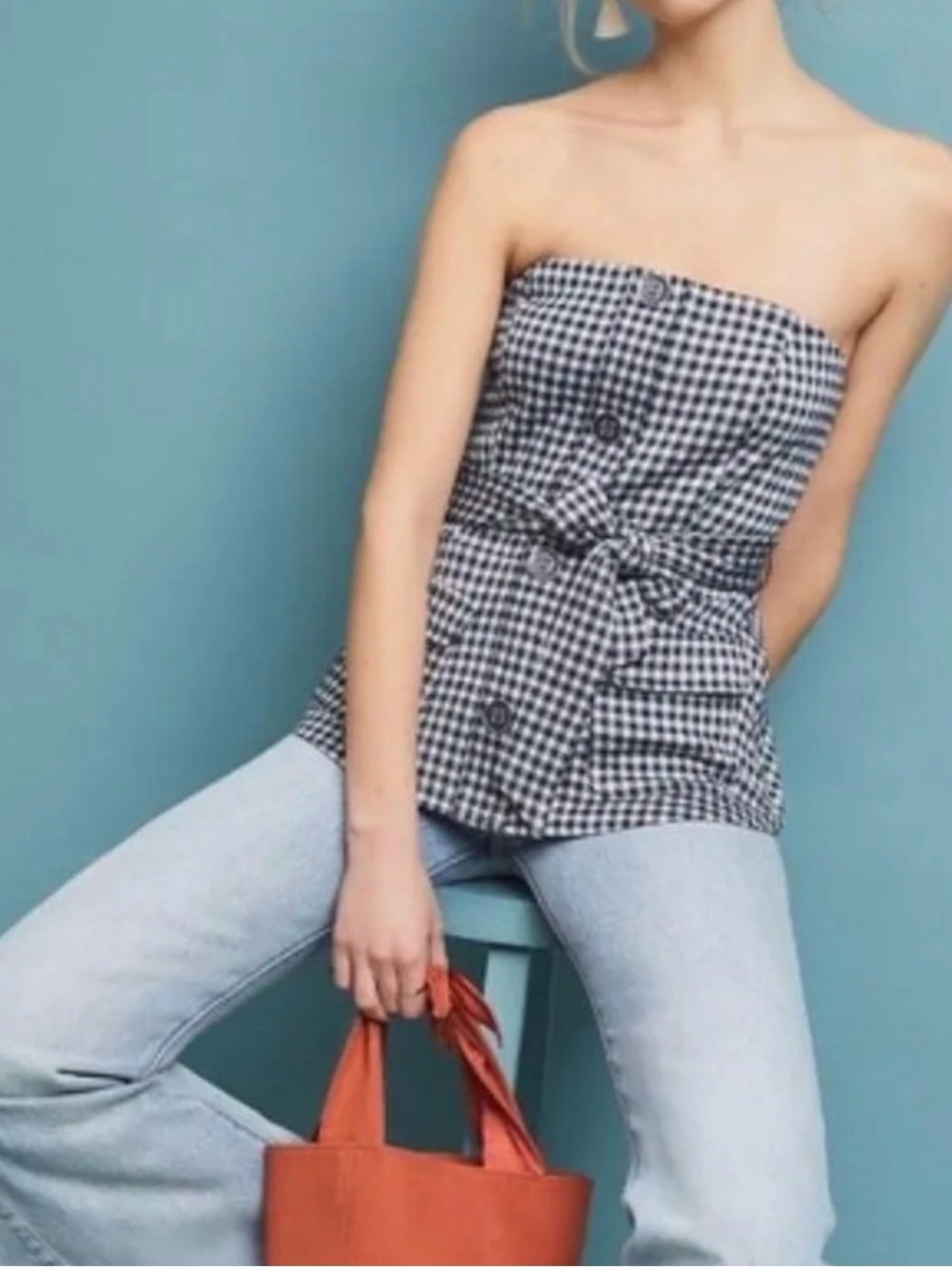 Anthropologie Eva Franco Navy & White Gingham Waist-Tie Top